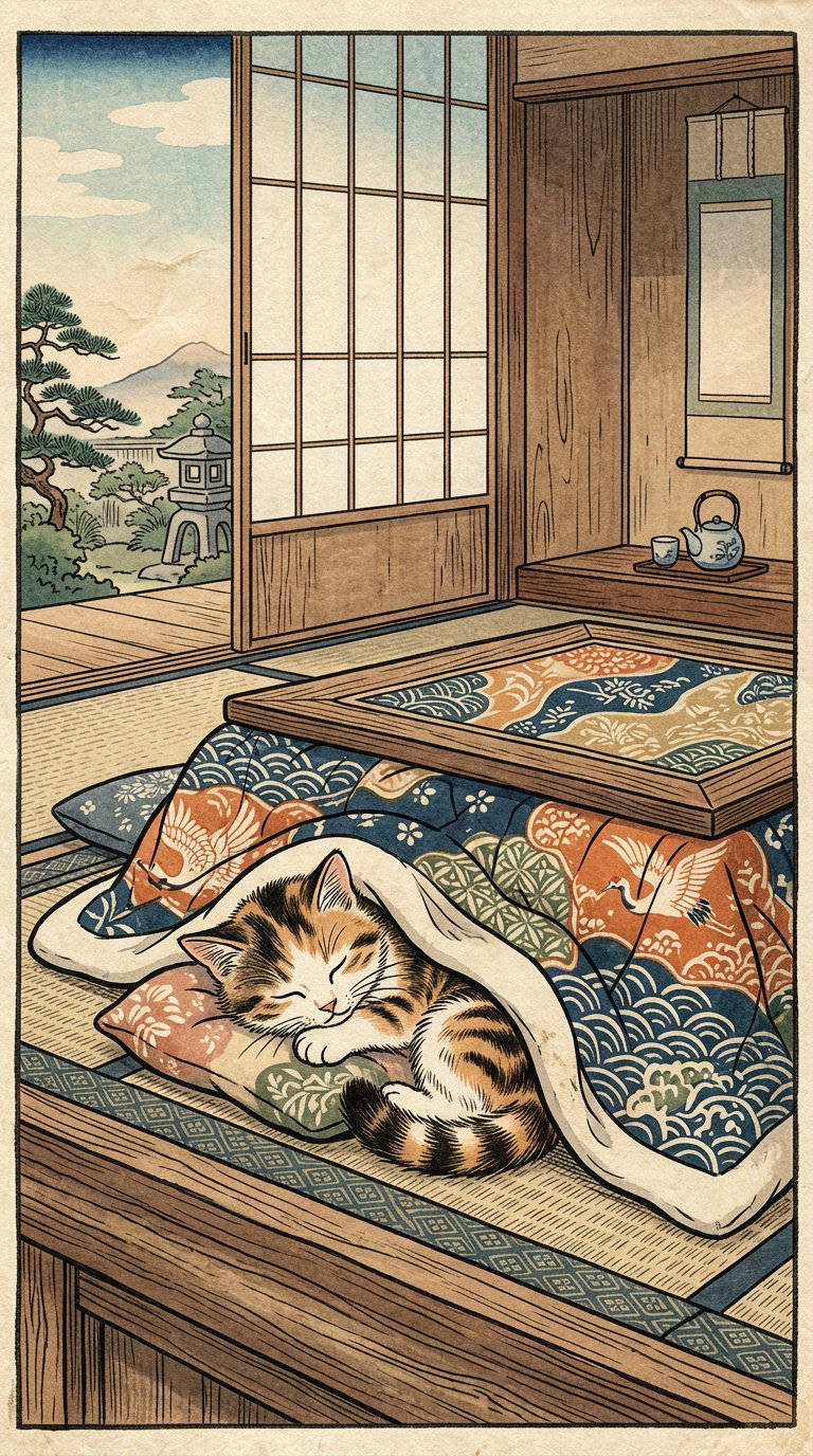 A calico cat is peacefully sleeping under a patterned blanket in a traditional Japanese room with sliding shoji doors and a serene landscape visible outside.