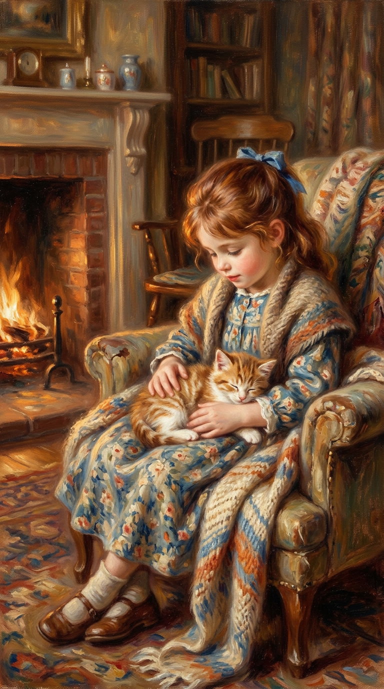 A young girl in a vintage dress sitting on a chair, holding a fluffy orange kitten while a fire burns in the background.