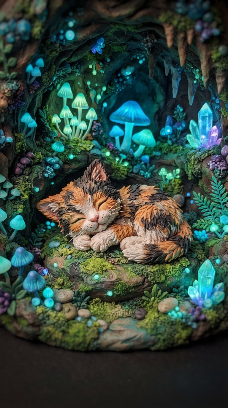 A sleeping calico cat nestled in a cave filled with glowing mushrooms and crystals