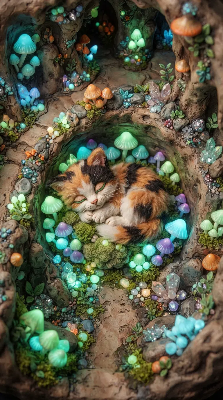 Whimsical Scene Featuring a Cozy Cat Among Colorful Mushrooms