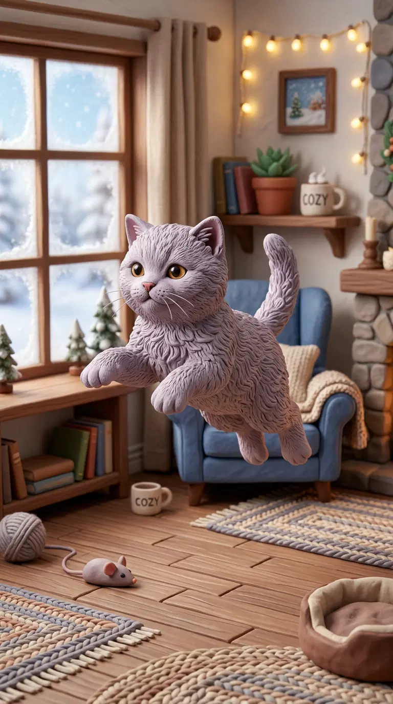 Charming Illustration of a Fluffy Kitten in a Cozy Room