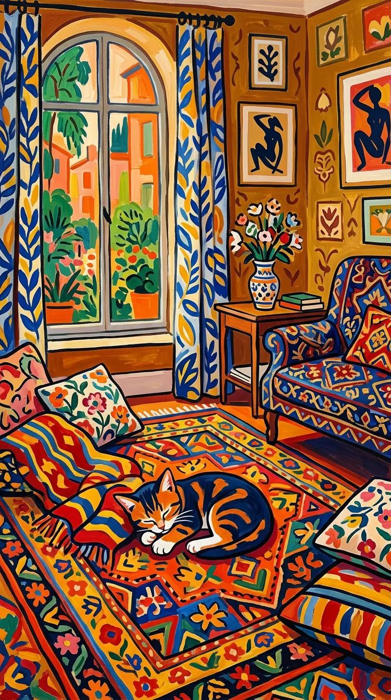 A warm and colorful room with a relaxed cat on the rug