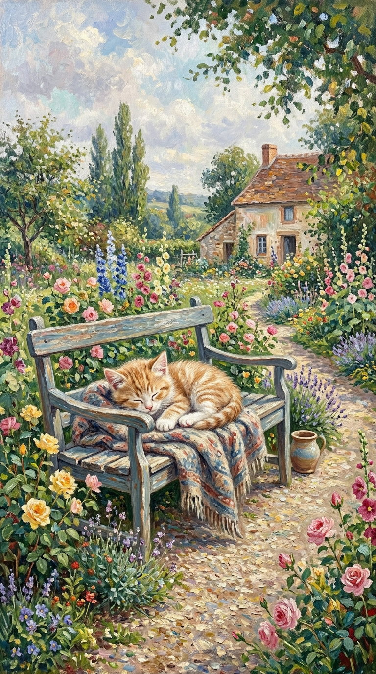 An orange cat curled up and sleeping on a bench in a colorful flower garden.