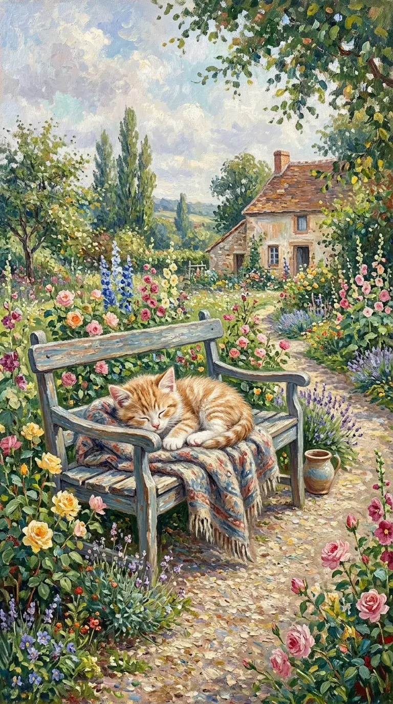 A peaceful orange cat sleeping in a vibrant garden setting