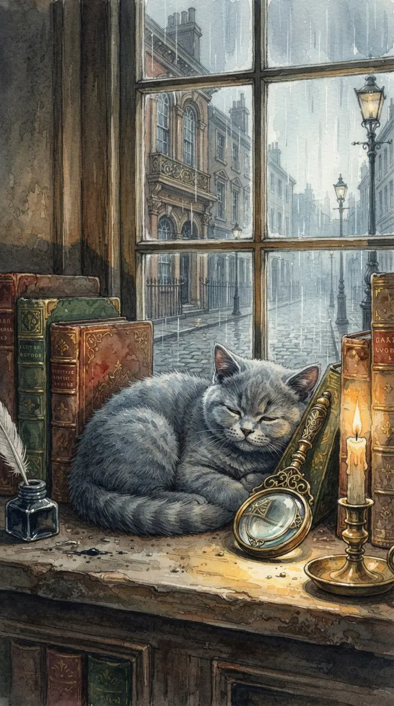 A Serene Grey Cat Napping by the Window on a Rainy Day