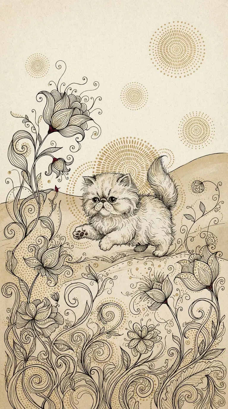 Intricate Illustration of a Persian Cat Among Floral Patterns