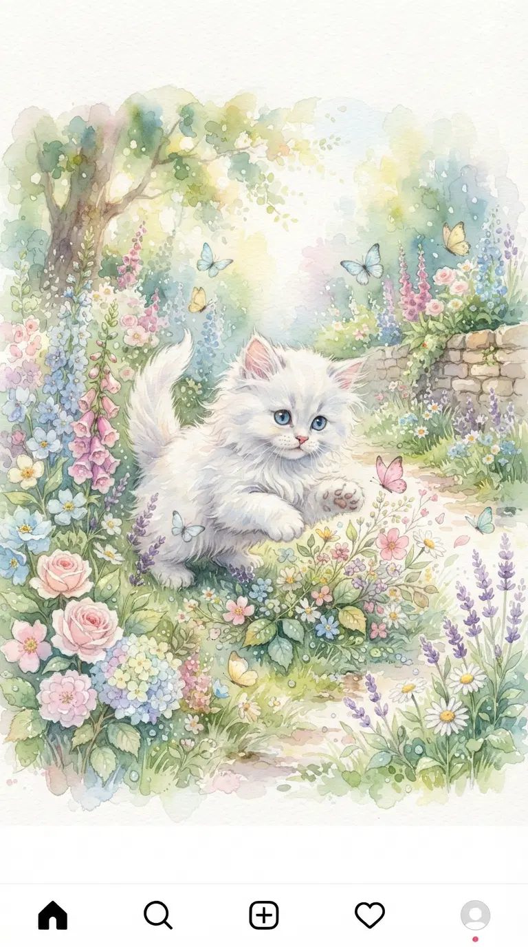 Whimsical Kitten in a Flower Garden with Butterflies