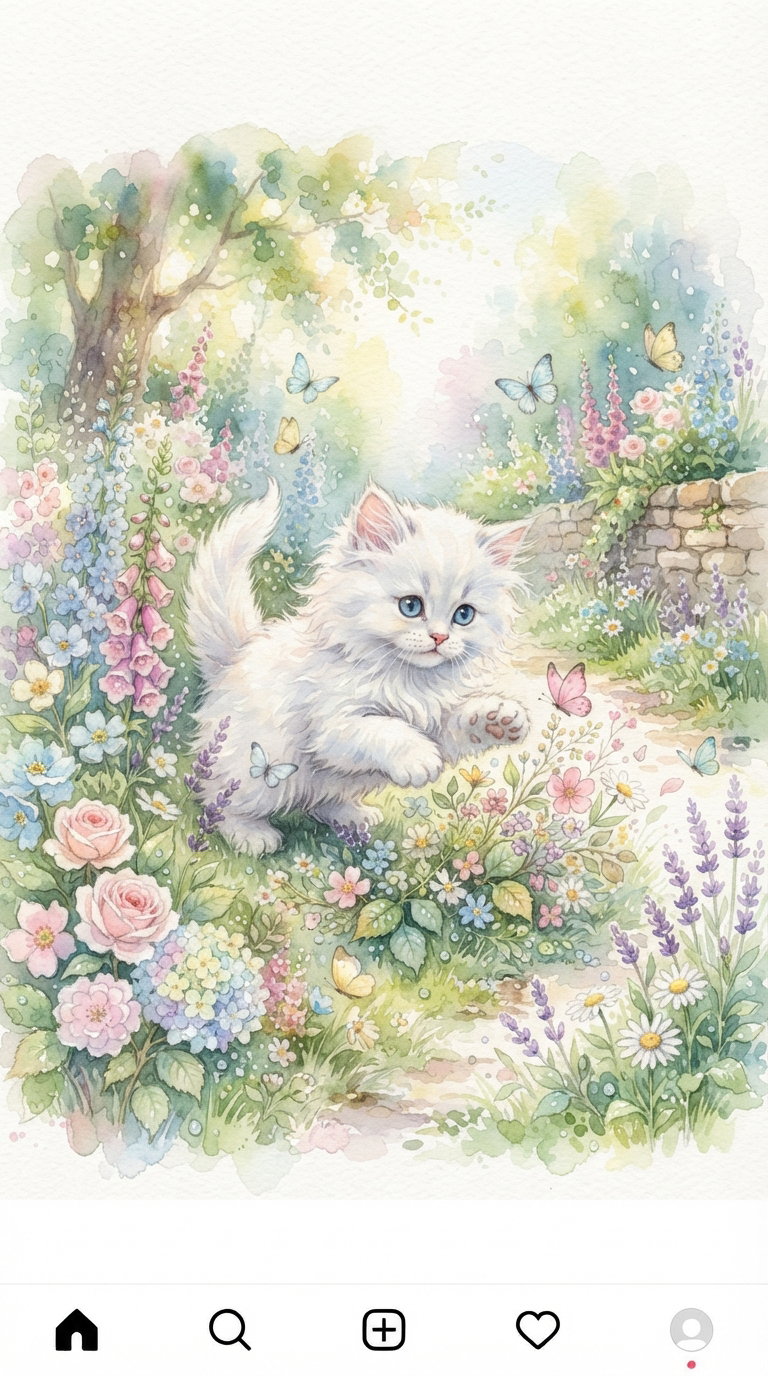 A fluffy white kitten playing in a colorful garden filled with flowers and butterflies