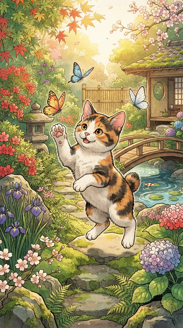 A playful kitten exploring a vibrant garden full of flowers and butterflies