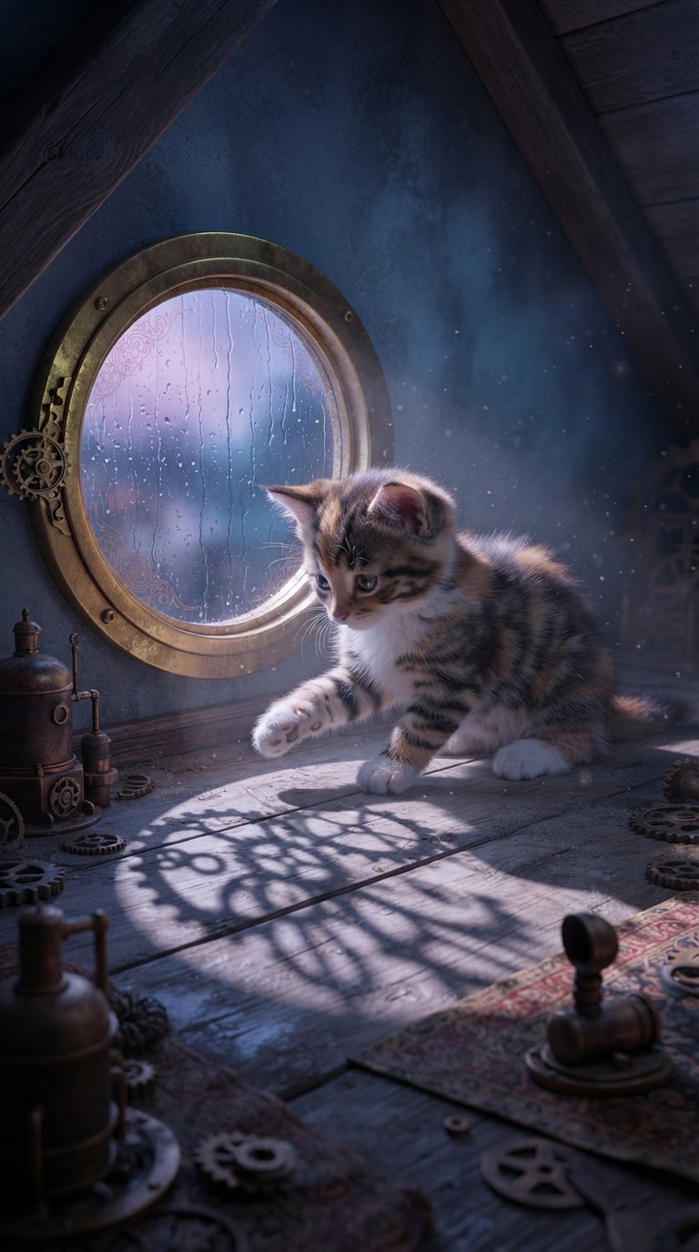 A kitten with tabby stripes sits on a wooden floor, looking out a round window with a steampunk design. The room is filled with mechanical objects and has a mysterious, dimly lit atmosphere.