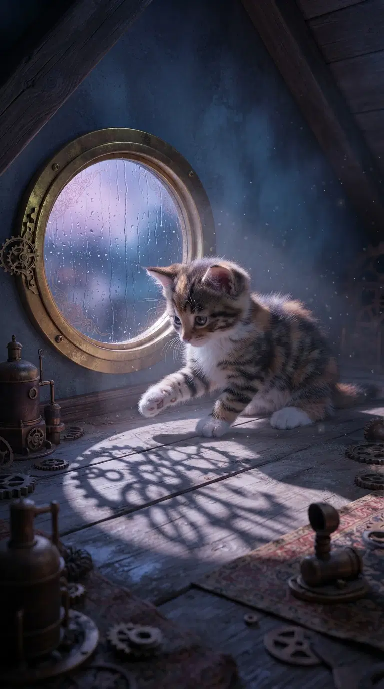 A Curious Kitten Gazes Out from a Steampunk-Inspired Attic