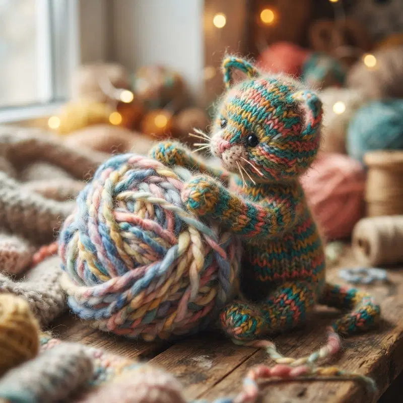 Adorable knitted kitten with colorful yarn in a cozy setting