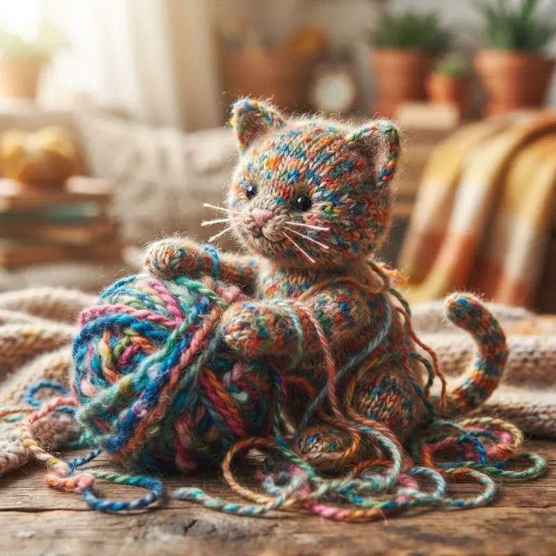 Adorable knitted kitten playing with colorful yarn