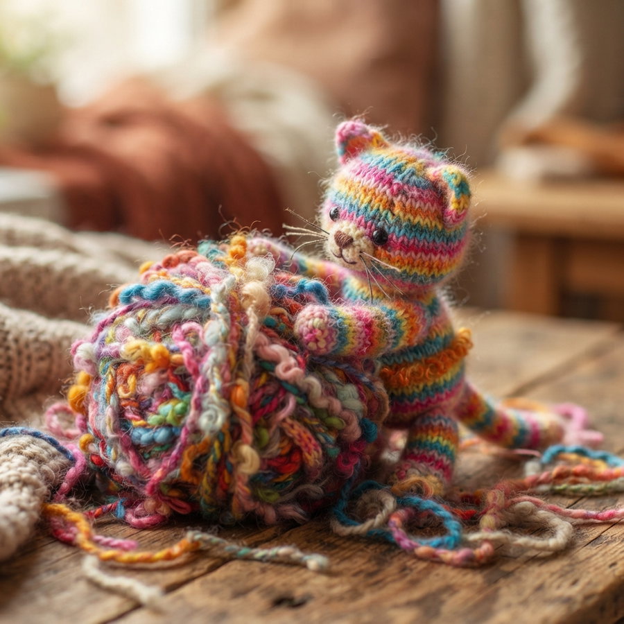 A cute, colorful knitted cat interacting with a large ball of yarn, surrounded by cozy fabrics.