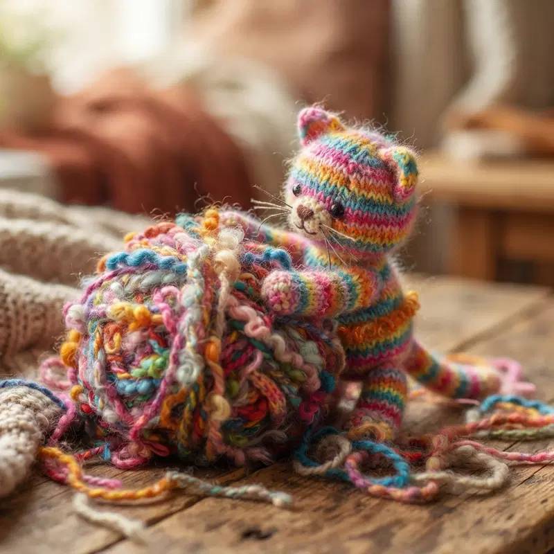 Colorful Knitted Cat Playing with Yarn on a Wooden Table