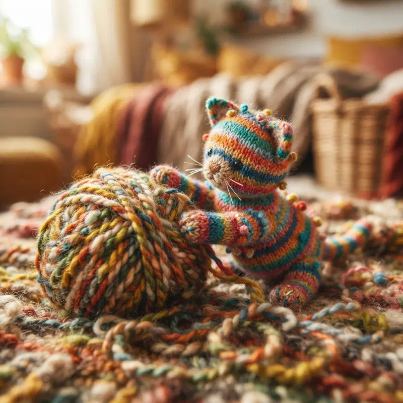Whimsical Knitted Cat with Yarn on Cozy Textile