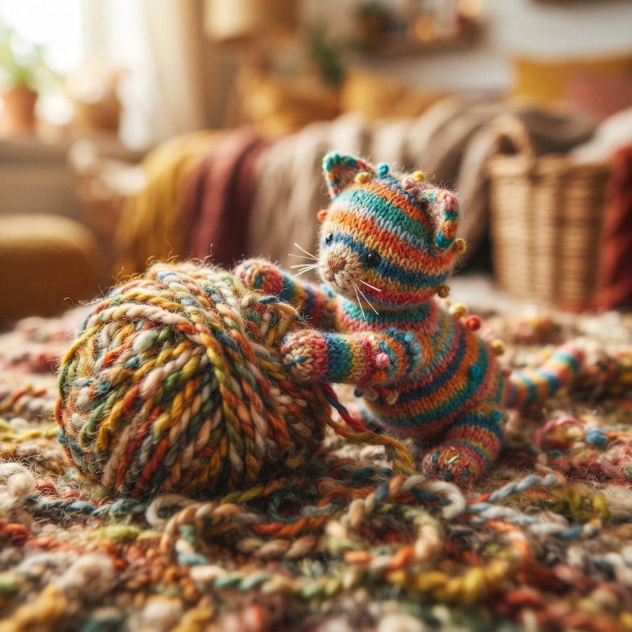 A playful knitted cat in colorful stripes is interacting with a large, vibrant ball of yarn, set against a warm, cozy living space with textiles and soft lighting.