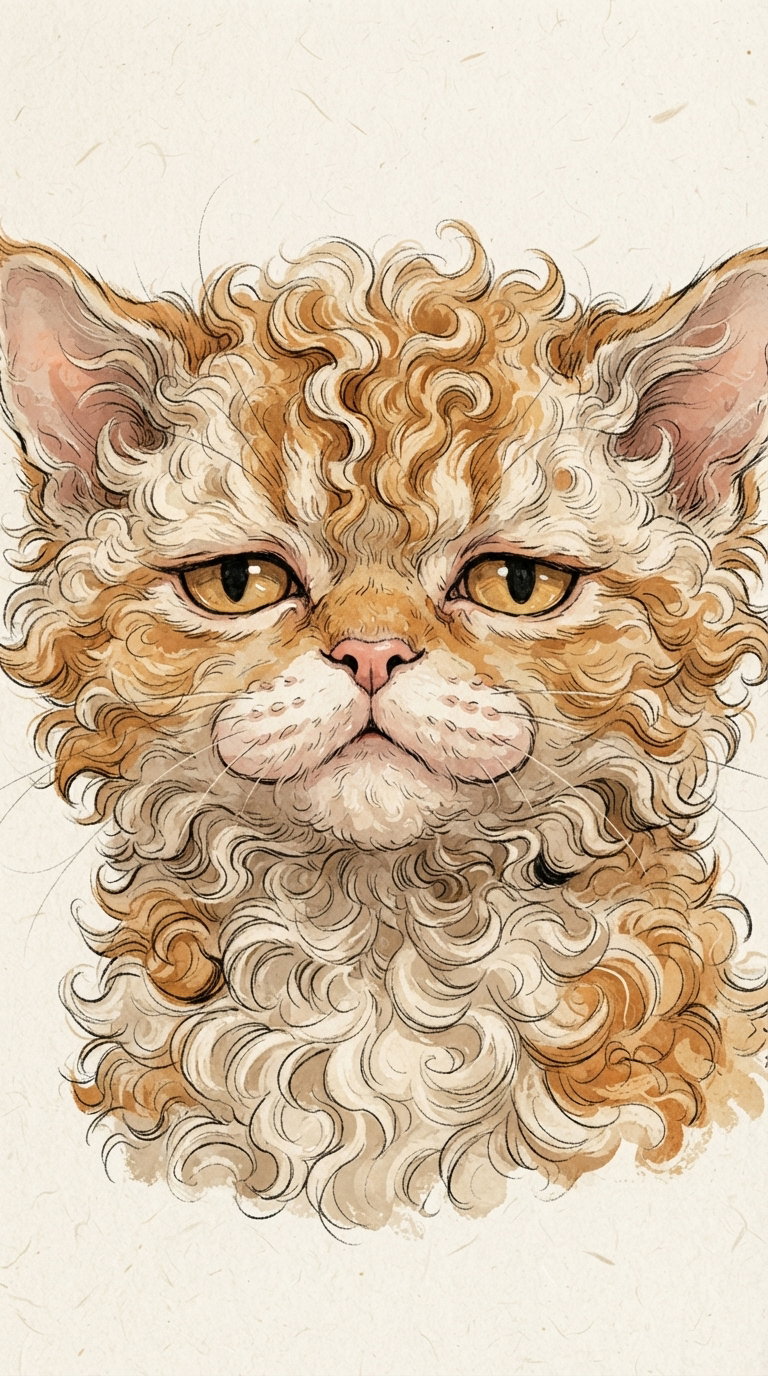 A detailed illustration of a fluffy ginger cat with curly fur and a serene expression on a light textured background.