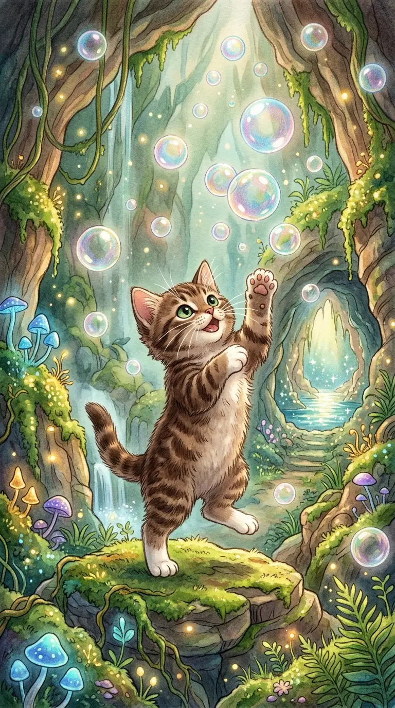 A Playful Kitten Chasing Bubbles in a Magical Forest Setting