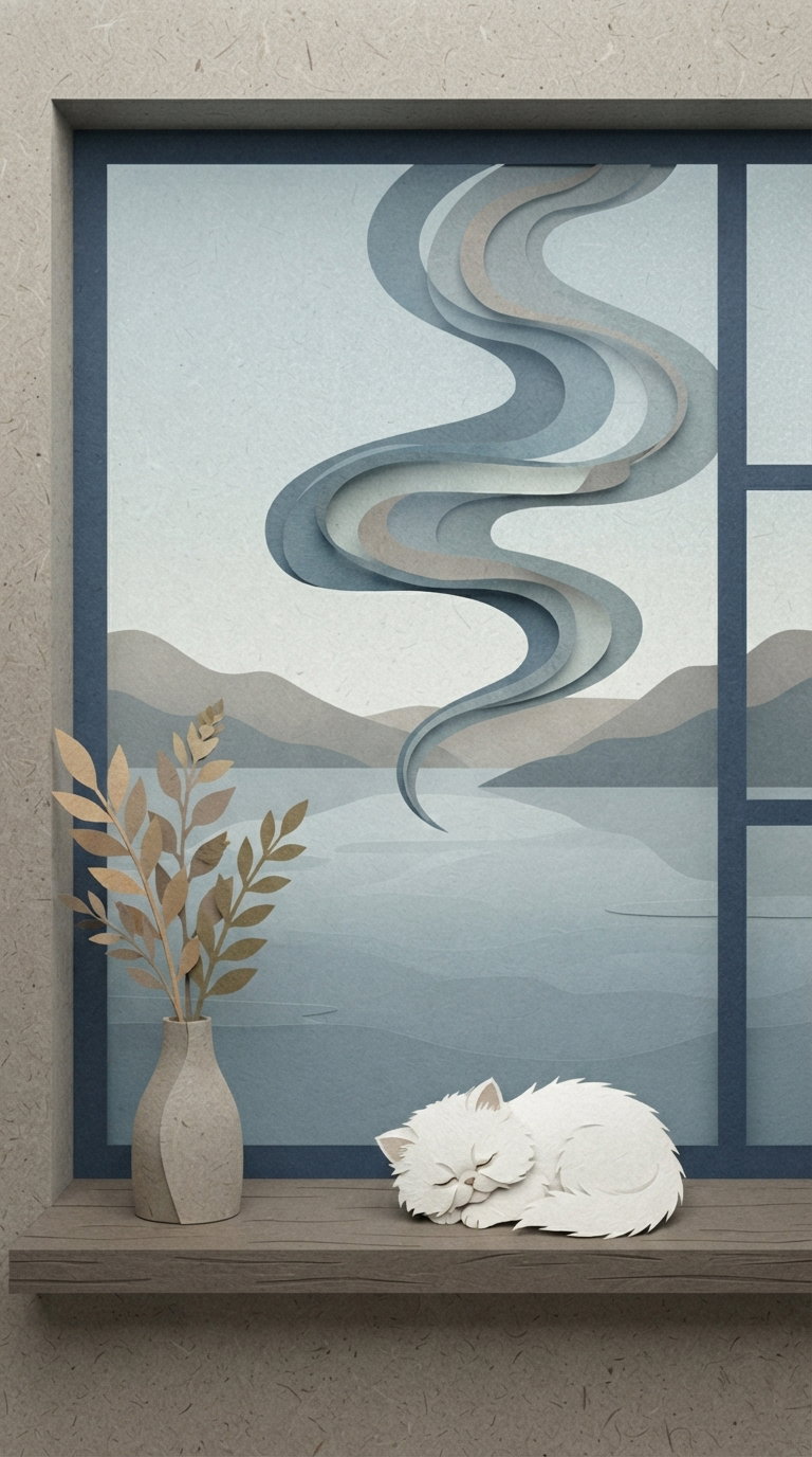 A white cat is sleeping on a wooden shelf under a minimalist window with abstract waves and mountain scenery.