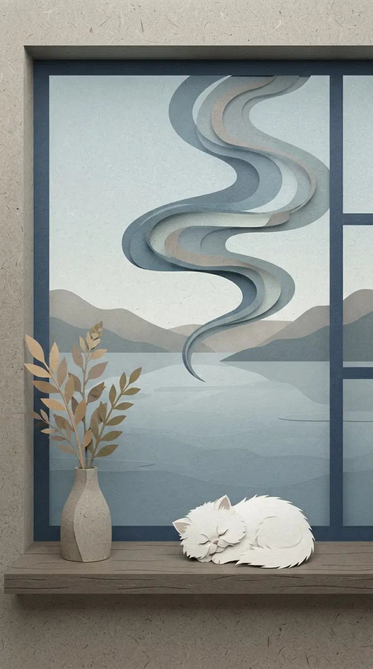 A Serene Minimalist Cat Artwork Featuring a White Cat