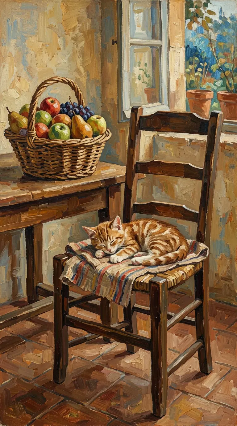 Charming Scene of a Sleeping Ginger Kitten by a Fruit Basket