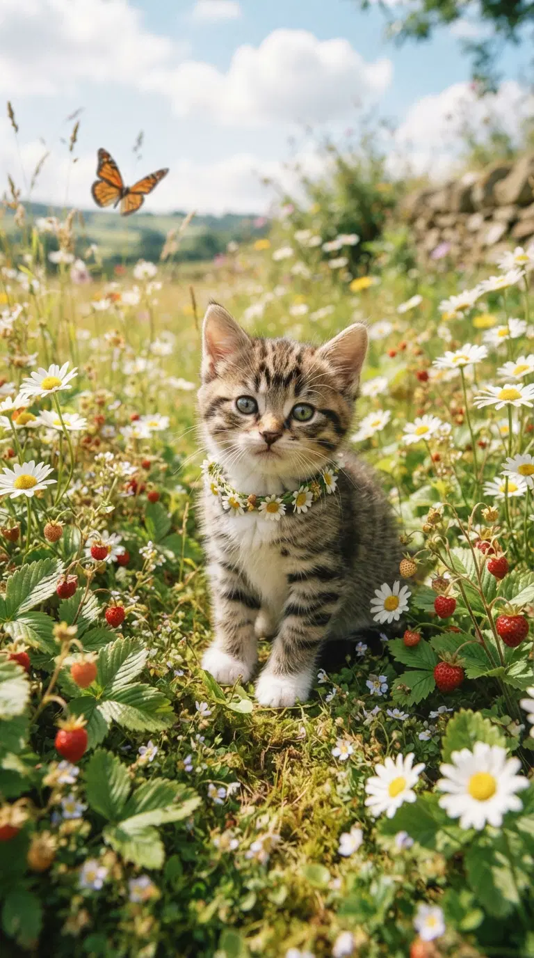 Adorable kitten surrounded by flowers in a scenic meadow