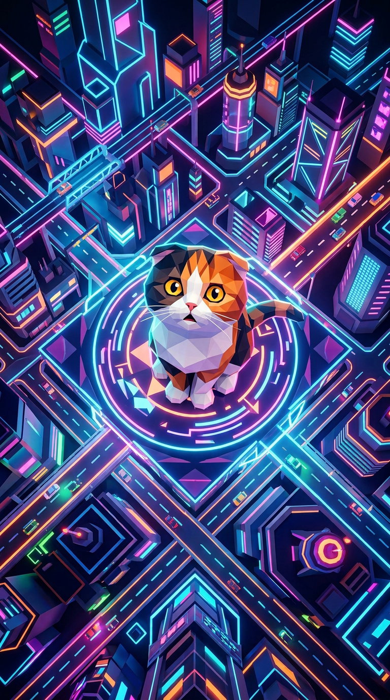 A colorful, neon-lit cityscape with a polygonal cat in the center, surrounded by futuristic buildings and glowing streets.