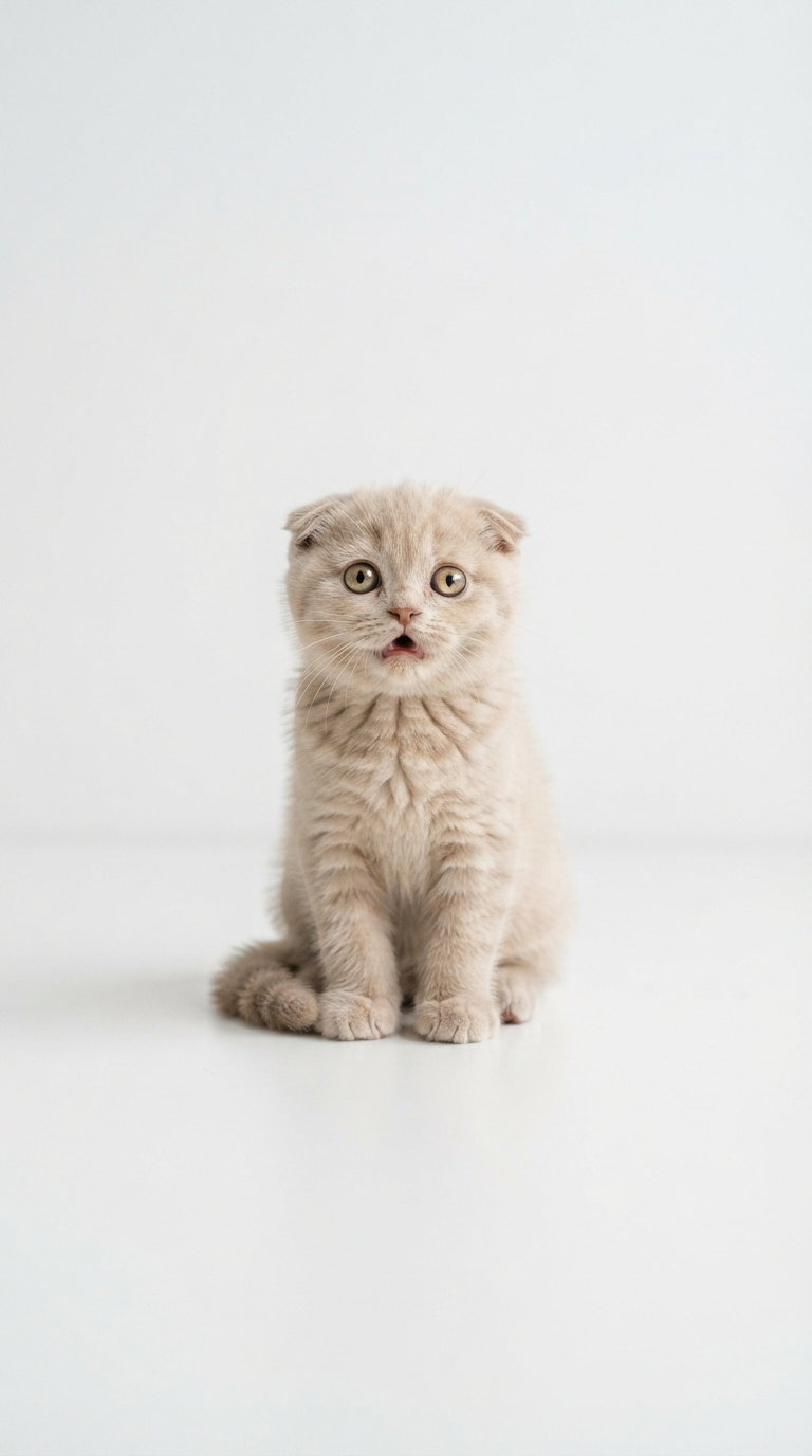A fluffy Scottish Fold kitten with large round eyes sitting on a white surface.
