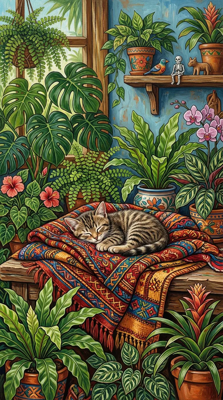 A Peaceful Cat Napping Among Lush Indoor Plants