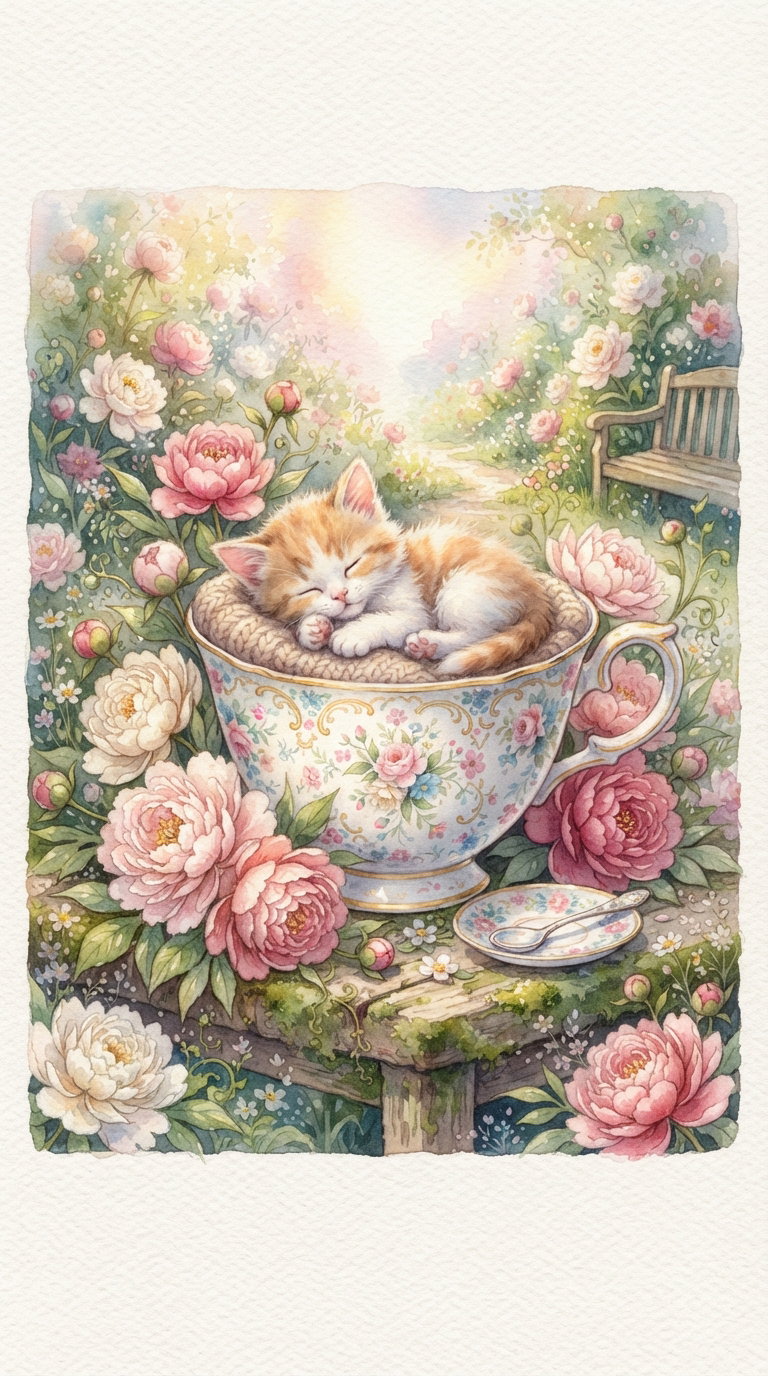 A small orange and white kitten peacefully sleeping in a decorative teacup surrounded by blooming flowers and soft sunlight.