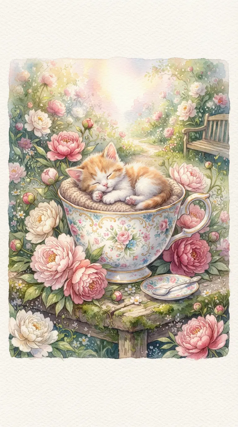 Adorable Sleeping Kitten in a Floral Teacup Setting