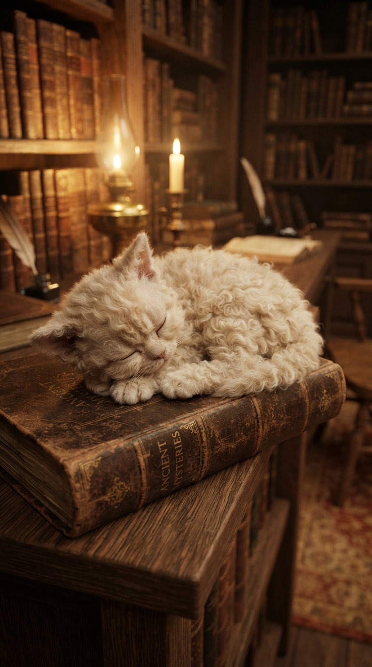 A fluffy white cat curled up and sleeping on top of an old book in a dimly lit library, surrounded by wooden shelves filled with ancient books.