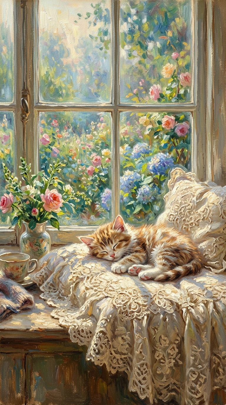 A fluffy ginger cat sleeping peacefully on a lace-covered windowsill, surrounded by colorful flowers blooming outside the window.