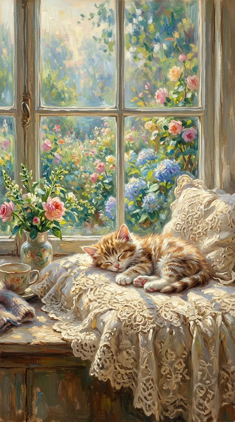 A Fluffy Ginger Cat Relaxing by a Sunlit Window with Flowers