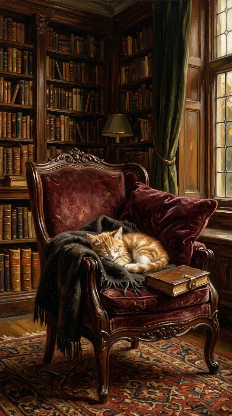 A Cozy Library with a Relaxed Orange Cat on a Velvet Chair