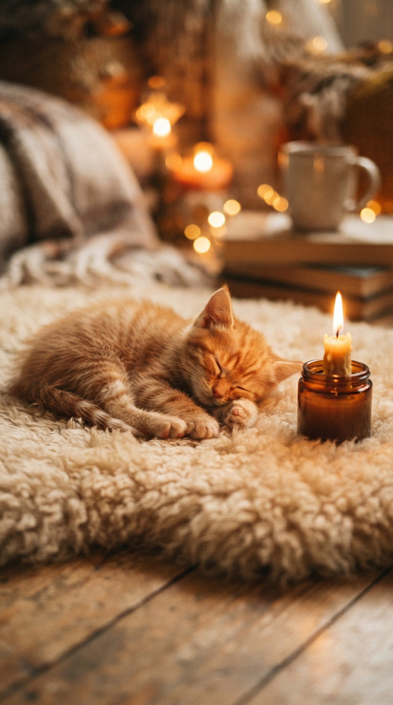 A fluffy orange kitten sleeping peacefully on a soft fur rug, surrounded by warm candlelight and cozy ambient decorations.