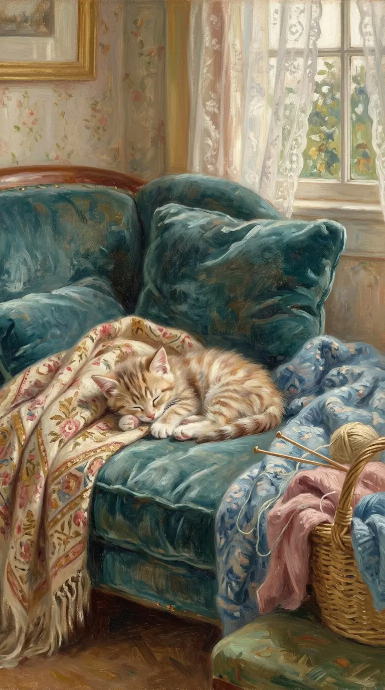 Cozy Orange Cat Napping on a Colorful Couch