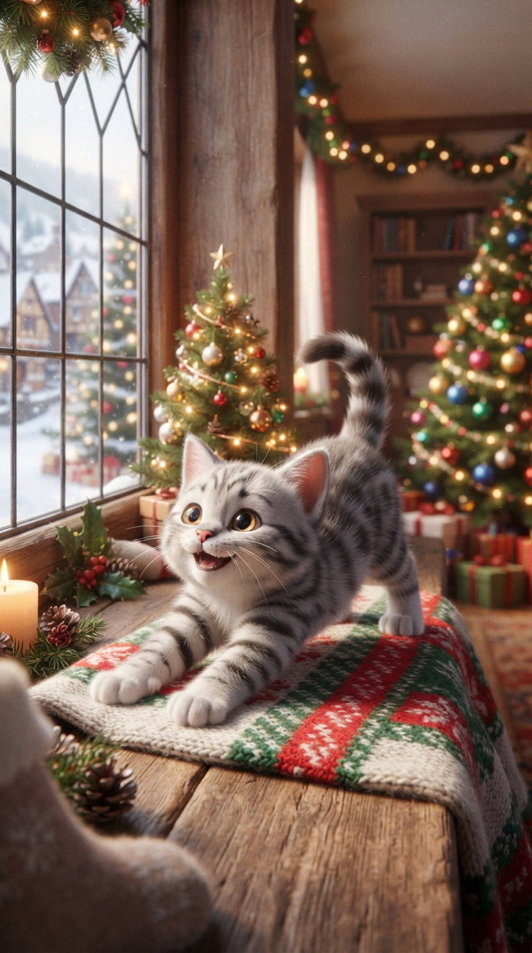 A cute gray striped kitten stretching on a table decorated with a festive blanket, surrounded by Christmas trees and gifts.