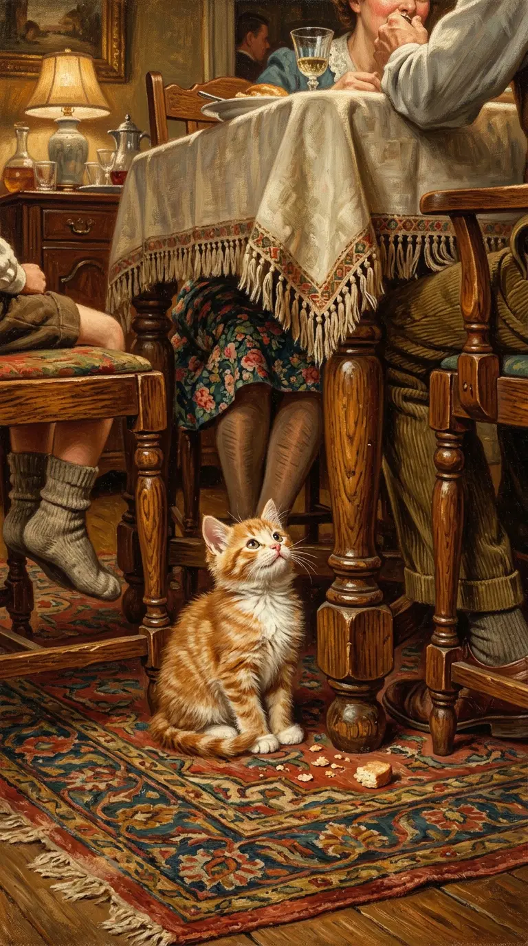 A Cozy Scene Featuring a Ginger Cat Under a Dining Table