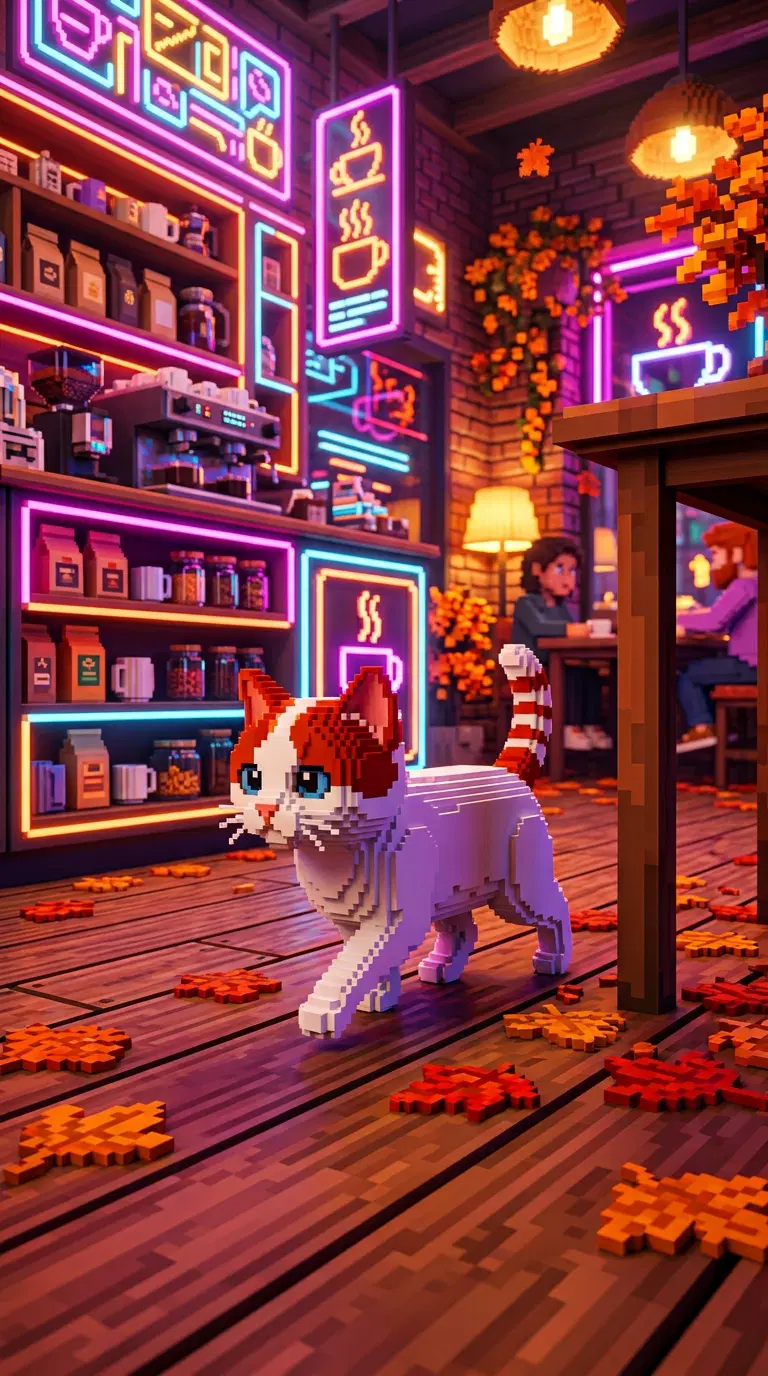 Charming Pixel Art Cat in a Vibrant Coffee Shop Setting
