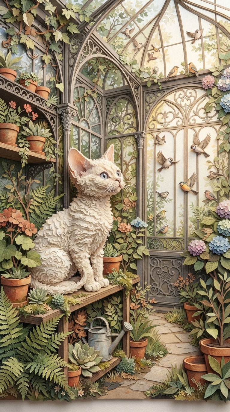 A fluffy white cat sitting on a wooden shelf in a greenhouse filled with various plants and flowers, sunlight streaming through the glass panels, and birds flying near the window.
