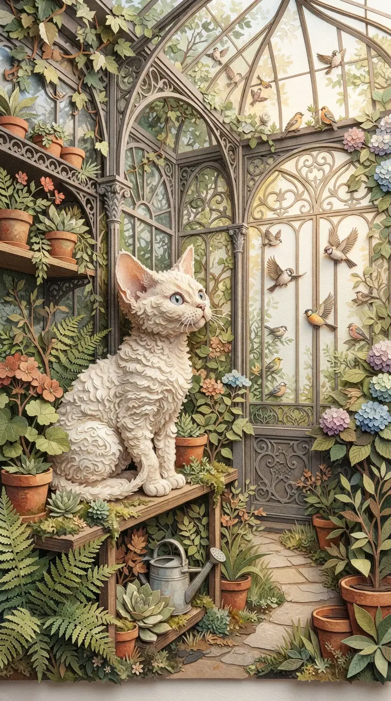 A Fluffy White Cat in a Lush Greenhouse Surrounded by Plants