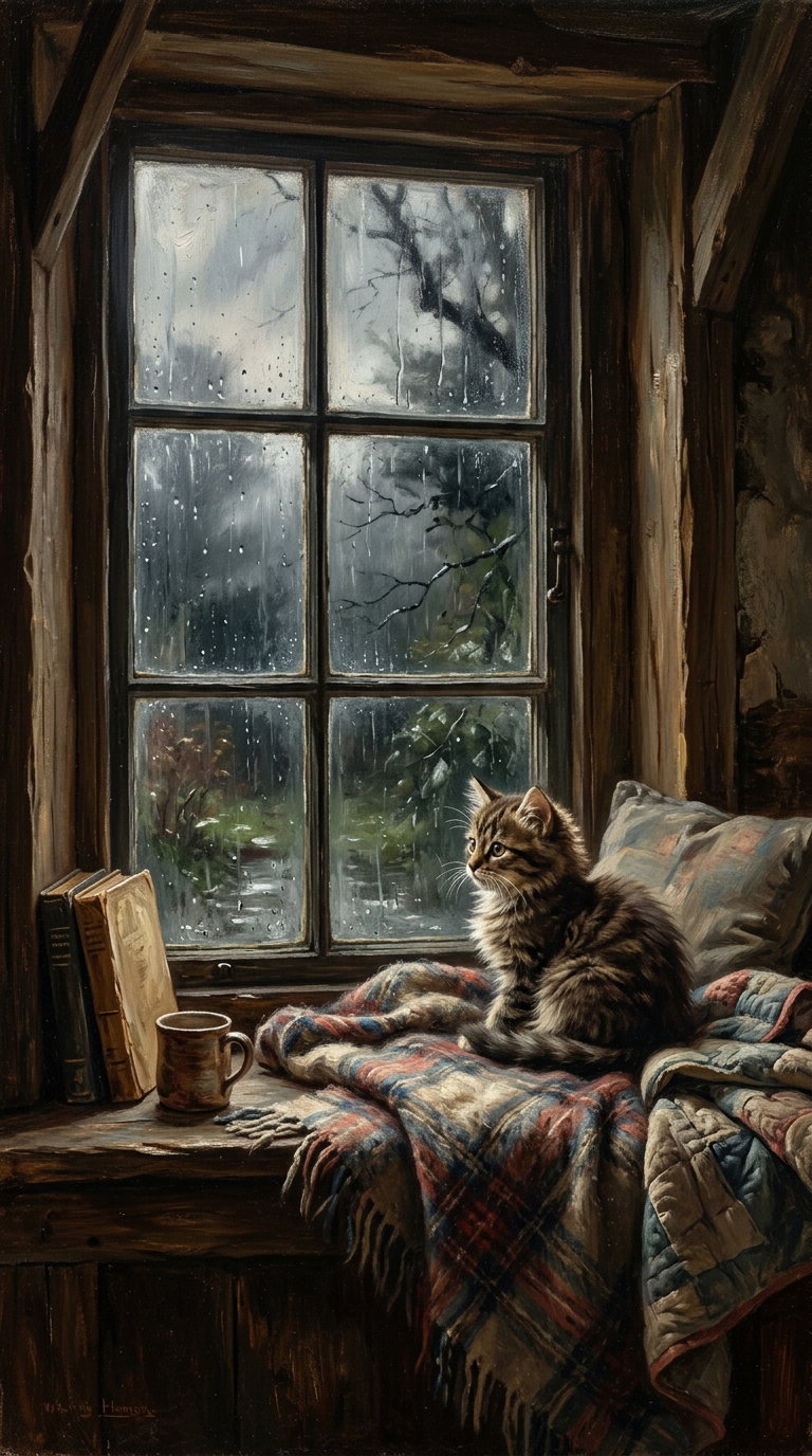 A fluffy cat sitting by a window with raindrops, surrounded by books and a cozy blanket.