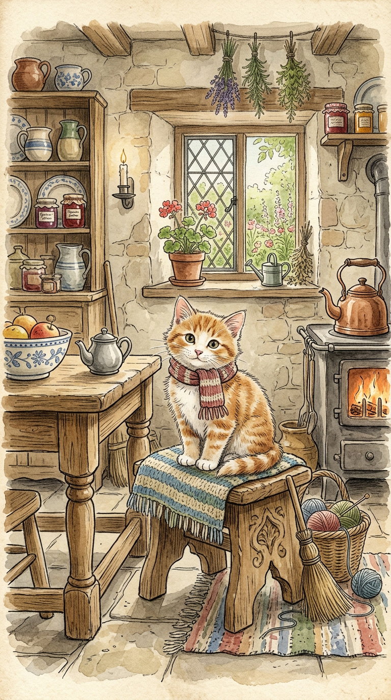 An orange cat wearing a scarf sits on a stool in a cozy kitchen with wooden furniture, a stove, and a window showing plants outside.