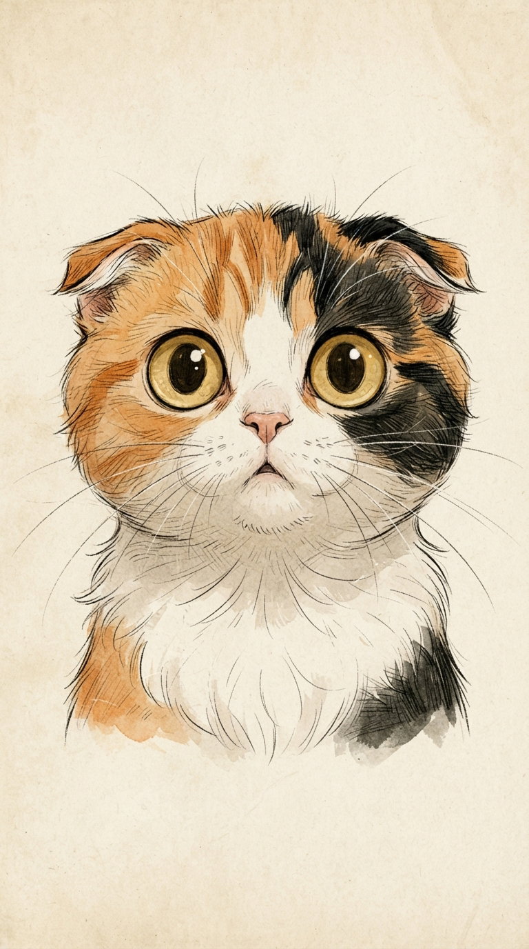 A drawn portrait of a Scottish Fold cat featuring its characteristic folded ears and large, expressive eyes. The cat's fur is a mix of orange, black, and white colors.
