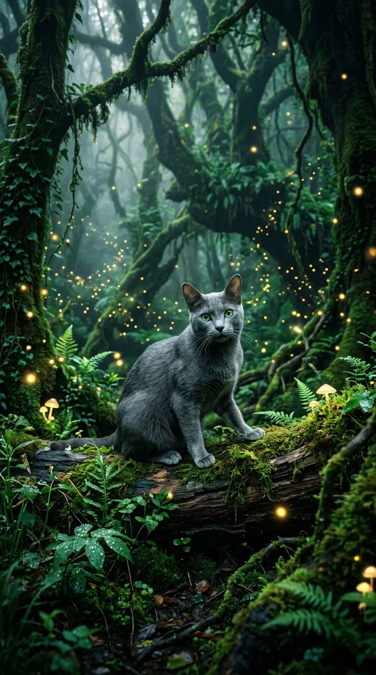 A Mystical Gray Cat Amidst Enchanted Forest Foliage