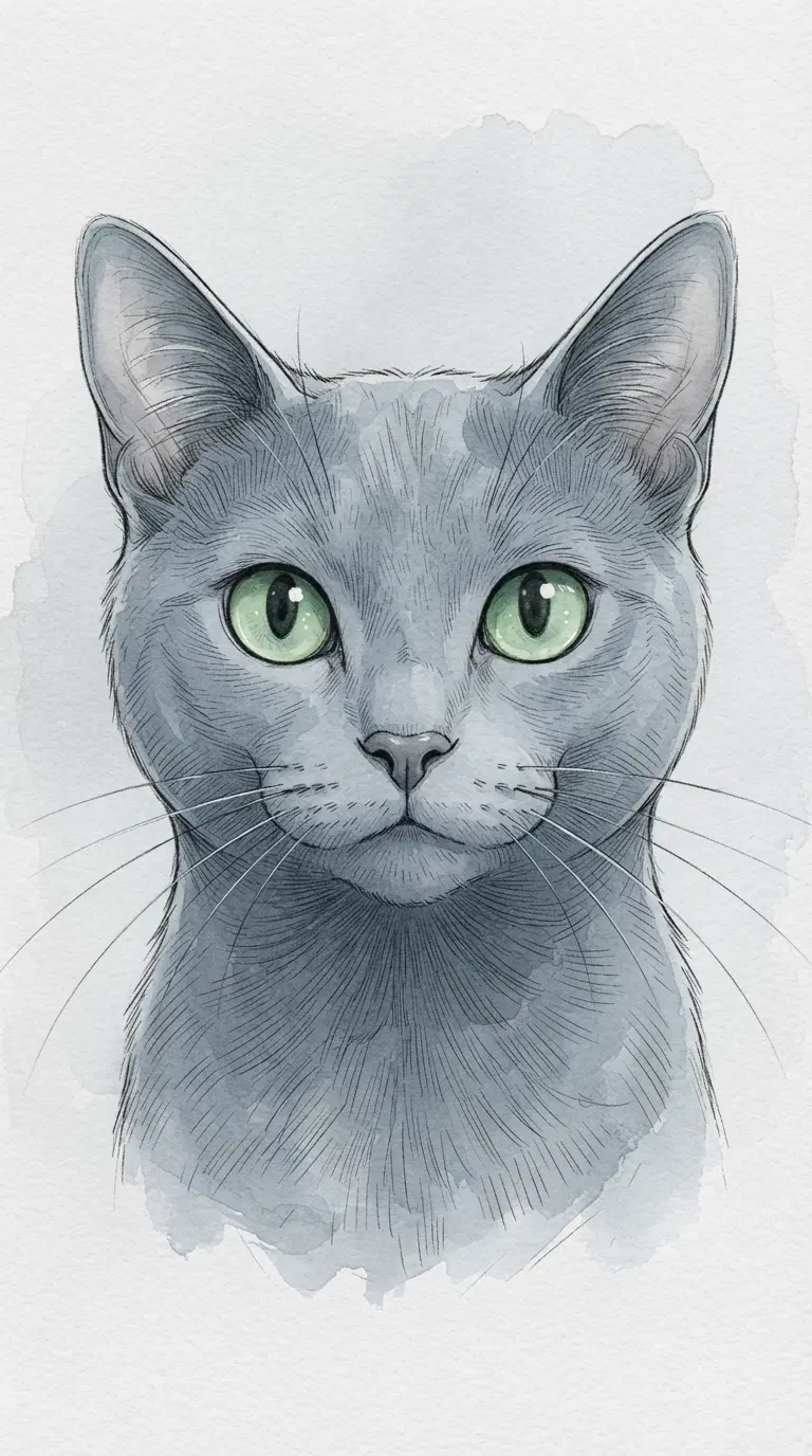 Artistic Illustration of a Gray Cat with Green Eyes