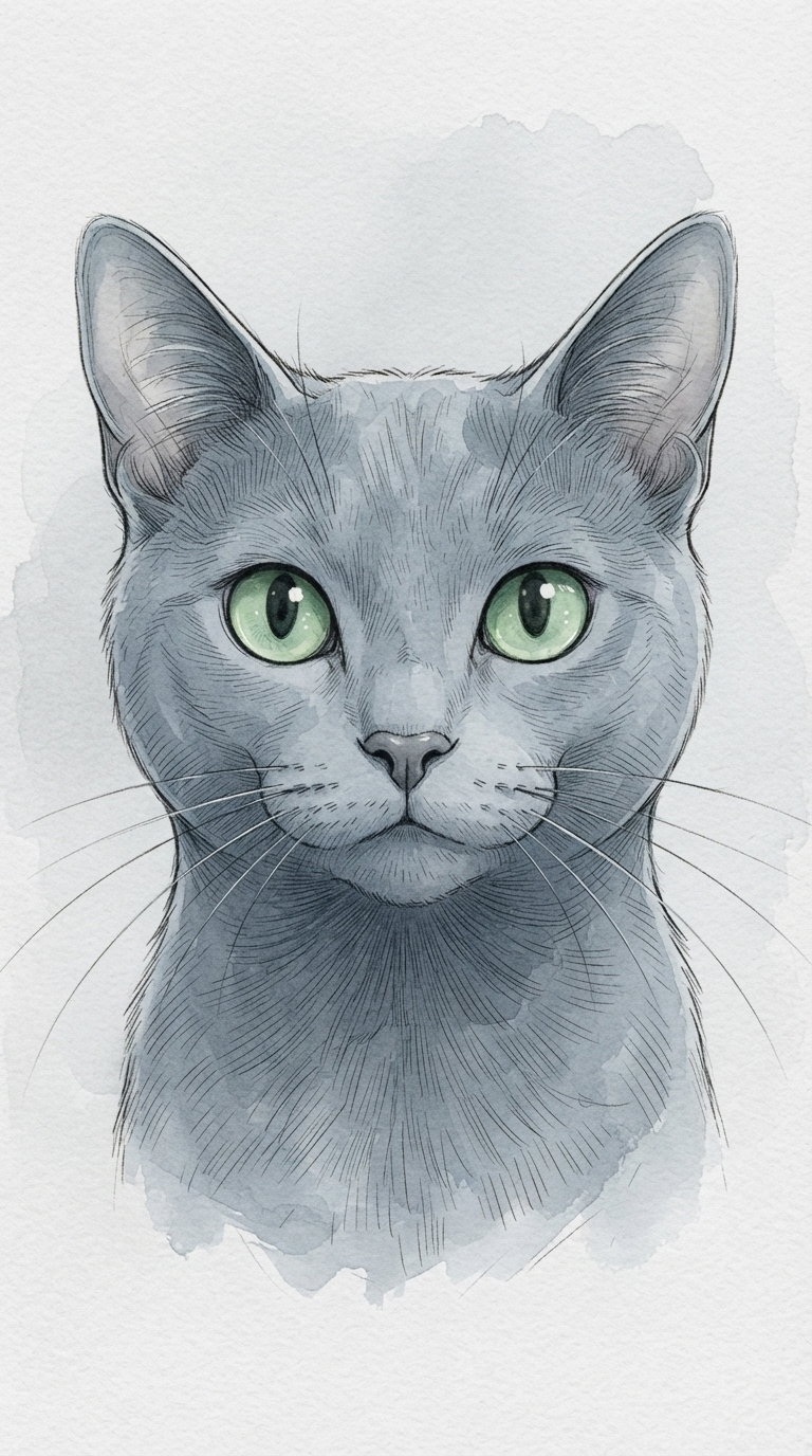 A detailed gray cat face illustration with green eyes, featuring soft watercolor effects.