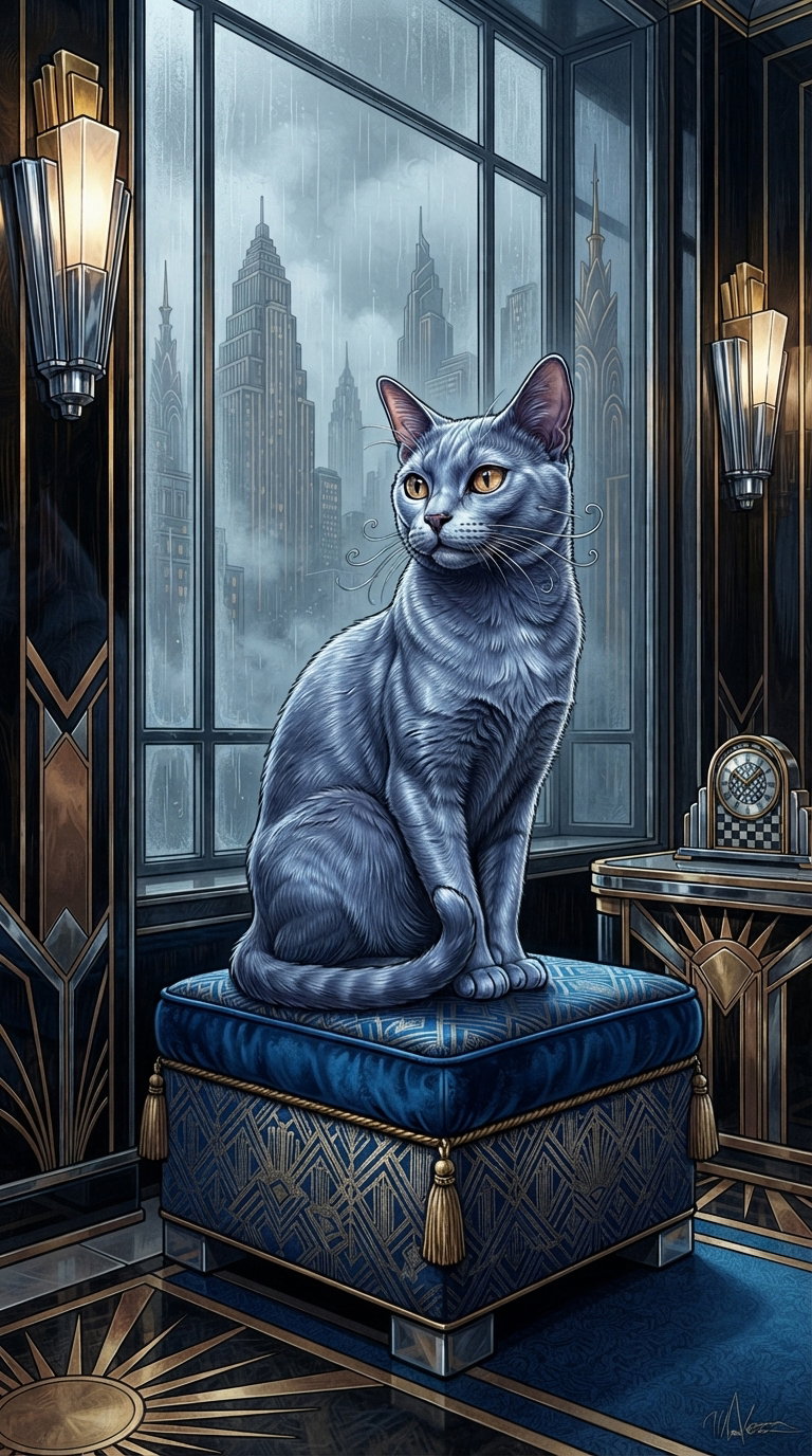 A gray cat sitting on a blue cushion inside a stylish room with a large window showing a city skyline in rain.